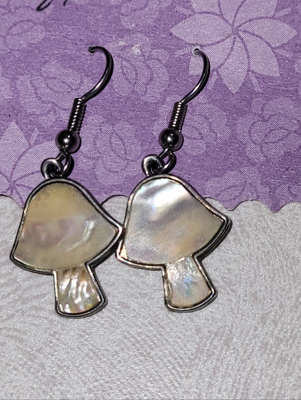Iridescent Mother of Pearl Mushroom Dangle Earrings  Cottagecore